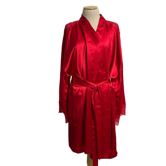 Victorias Secret Red Satin Kimono Robe Lace Trim Belted XXL - Picture 1 of 7